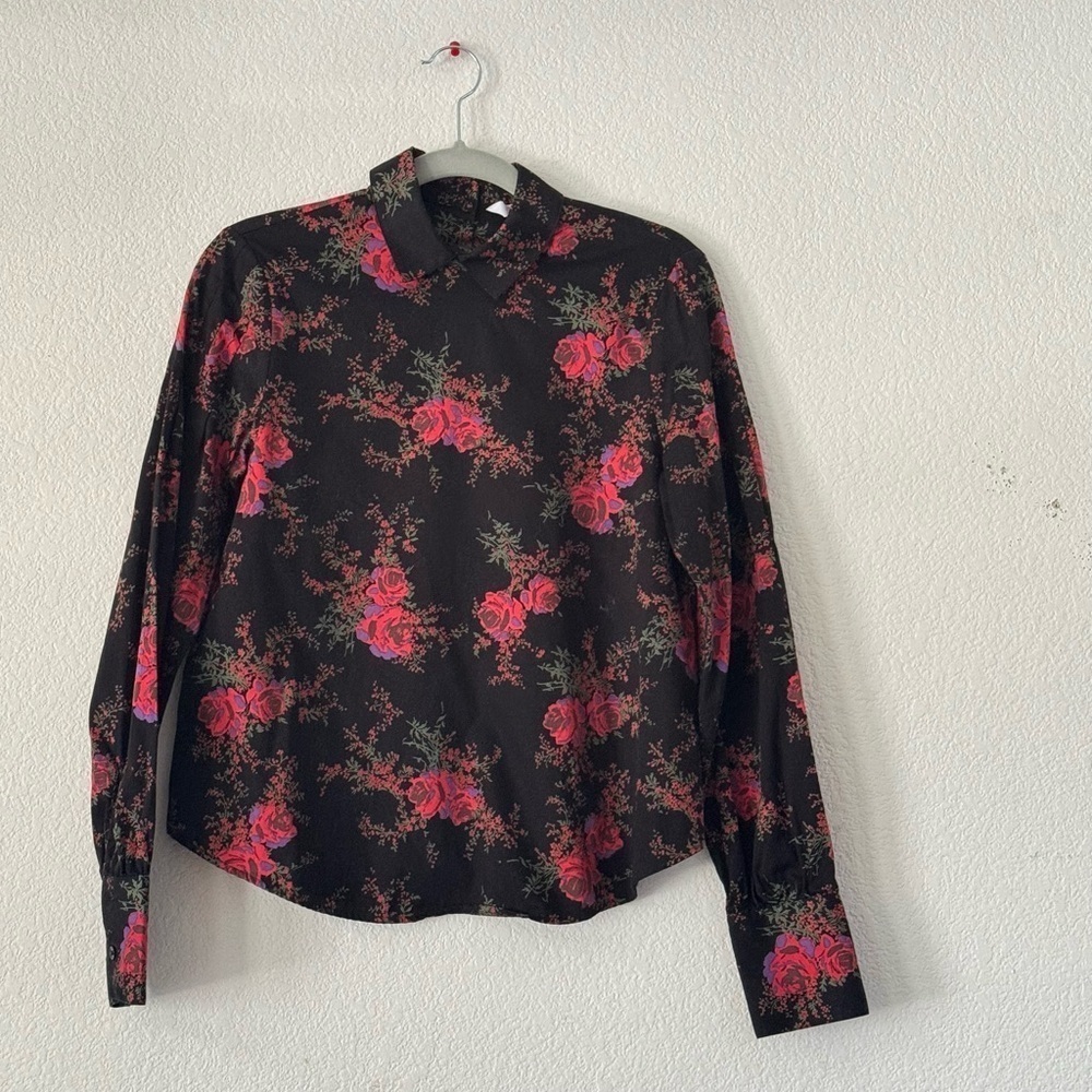 & Other Stories Red Moody Floral Puff Sleeve Blouse Dark Romantic Roses Chic